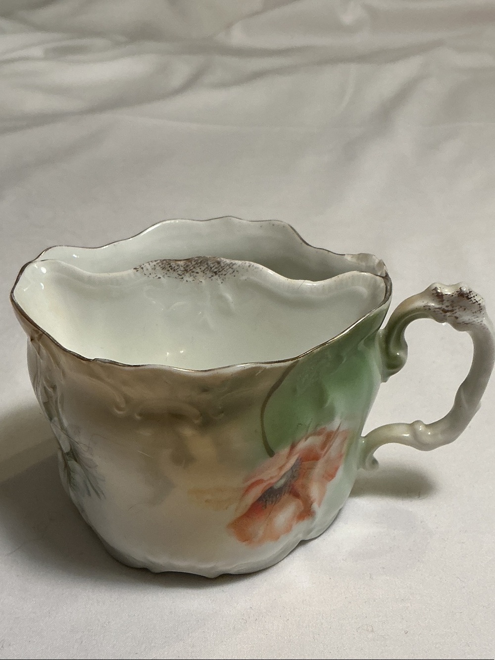 Ornate Antique Hand-Painted Floral Porcelain Mustache Teacup in Green & White